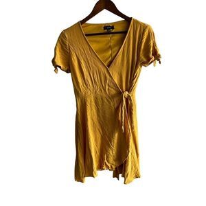 Lulu's Mustard Yellow Short Sleeve Wrap Dress